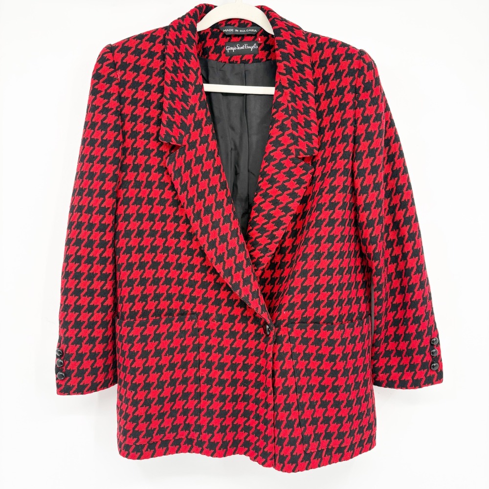 Giorgio Sant'Angelo Womens Red Black Houndstooth Wool Vintage Blazer Size 8